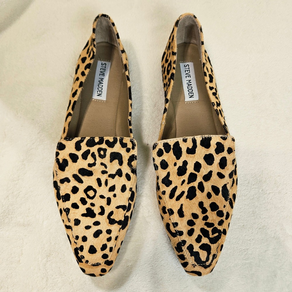 Steve Madden Tan Leopard Cow Hair Gemmy Loafers 8.5M Animal Print Mob Wife Flats